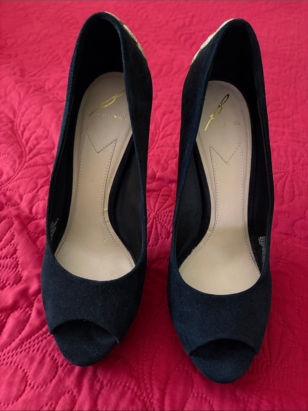 Brian Atwood Black Suede Peep-Toe Heels with Gold Embellishment - Picture 2 of 5